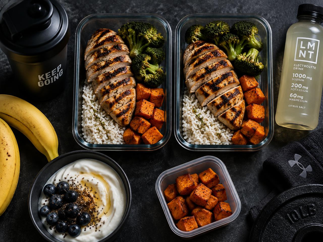 Potes de meal prep com frango, arroz, batata-doce e brócolis