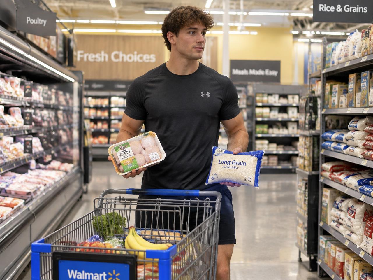 Atleta escolhendo frango e arroz em supermercado americano